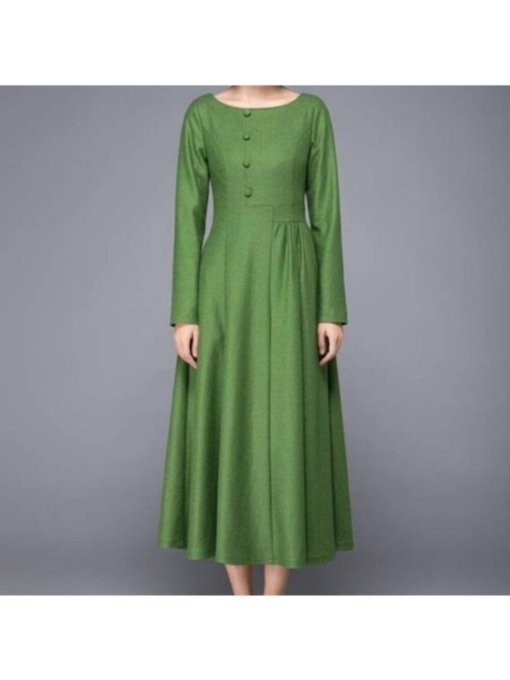 Ylistyle Green Retro Style Wool Blend Maxi Dress 4?